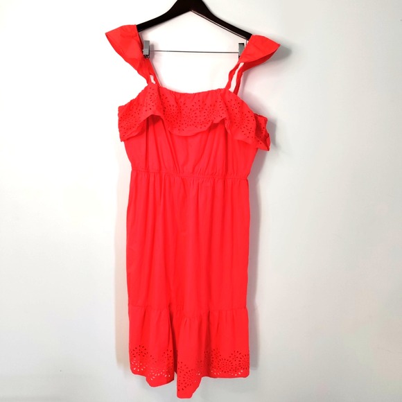 LC‎ Lauren Conrad Coral XXL Eyelet Ruffle Neck Flutter Sleeve Flounce Hem Dress - Picture 2 of 15